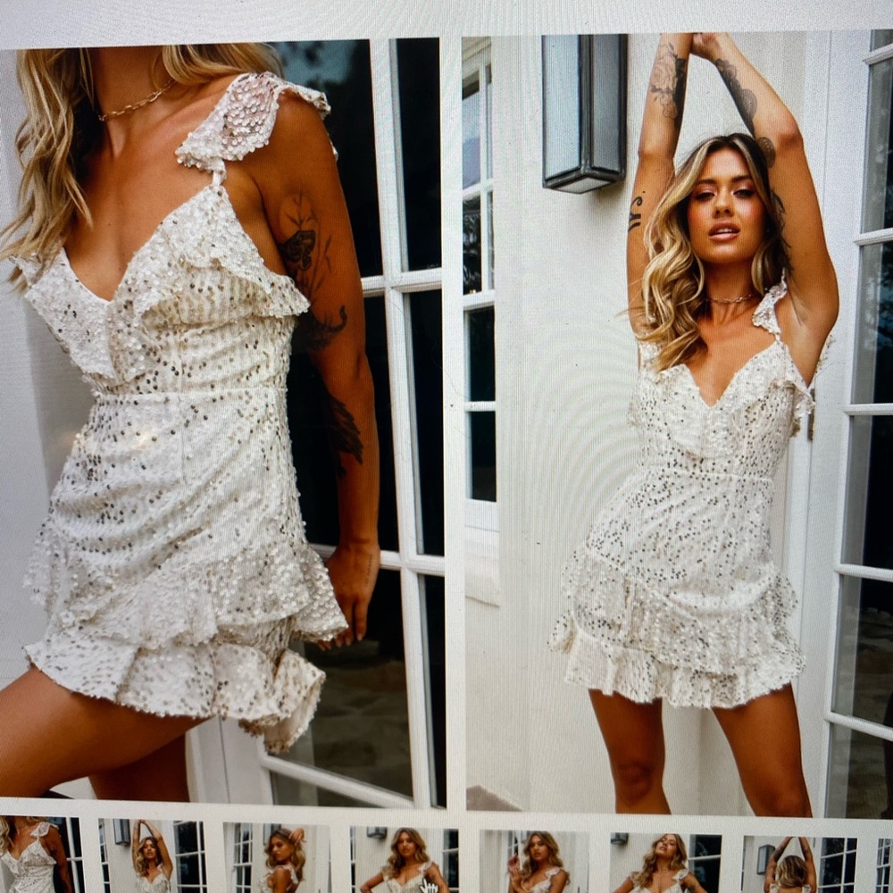 Selfie Leslie ruffle shoulder sequin party dress champagne